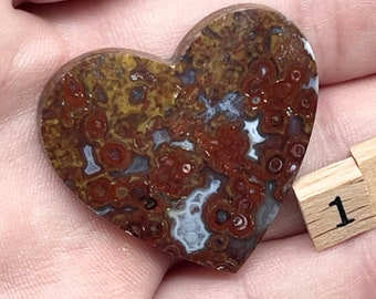 May include: A heart-shaped piece of agate with brown, red, and white patterns. The agate is about 1 inch wide and is next to two wooden blocks with the number "1" on them.