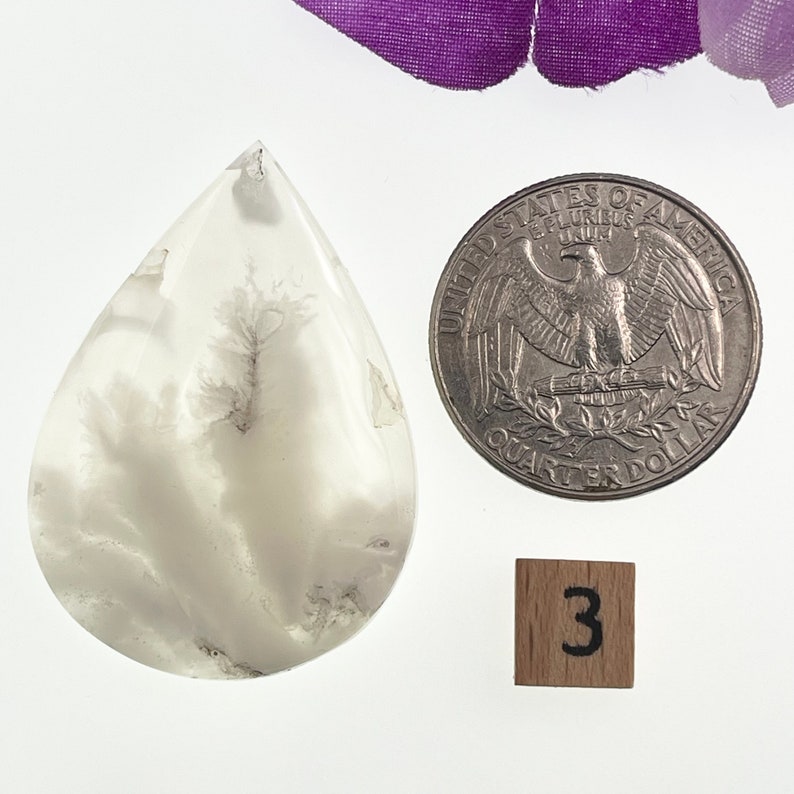 May include: White agate cabochon with dendritic inclusions in a teardrop shape. The cabochon is approximately the size of a US quarter.