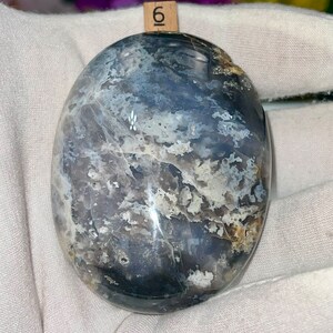 May include: A smooth, oval-shaped, polished stone with a swirling pattern of gray, white, and black. The stone has a glossy finish.