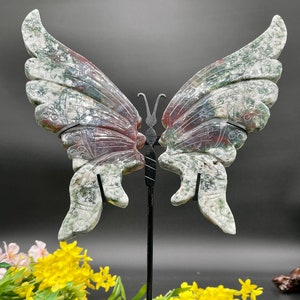 AAA+ Moss Agate Butterfly Wings Multi Color Crystal Healing Decor | Custom Stand Included | Natural Stone Specimen Display
