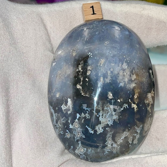 AAA+ Pacific Blue Agate, Polished Palm Stones, Blue Plume Agate