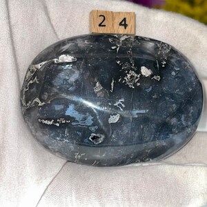 K&ouml;nnte beinhalten: Ein glatter, ovaler schwarzer und grauer Edelstein mit wei&szlig;en und silbernen Einschl&uuml;ssen. Der Stein ist mit der Nummer "24" gekennzeichnet.