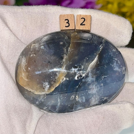 AAA+ Pacific Blue Agate, Polished Palm Stones, Blue Plume Agate