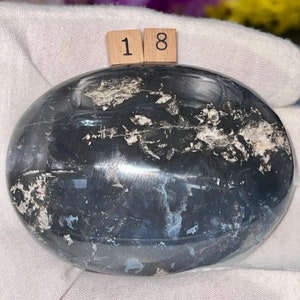 May include: A black and white polished oval shaped stone with a white number "18" on a wooden block.
