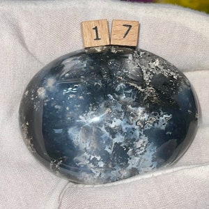 May include: A smooth, gray and white agate stone with a swirling pattern. The stone is polished and has a glossy finish. The stone is labeled with the number "17".