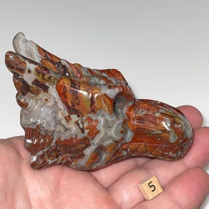 May include: A carved dragon skull made of red, brown, and white agate. The skull is about 5 inches long and has intricate details.