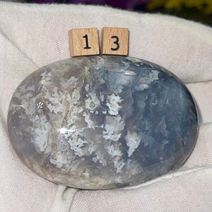 May include: A smooth, oval-shaped, polished agate stone with a gray and white pattern. The stone is labeled with the number "13".