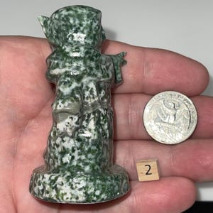 Handmade jadeite sage and green jasper alien baby figurines. Natural stone sculptures for mindfulness, desk decor, and sci-fi enthusiasts. Healing crystals.