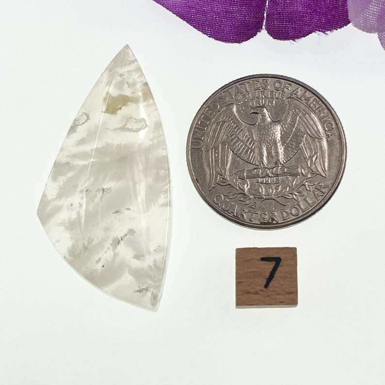 May include: A white and gray agate cabochon with a pointed shape. The cabochon is about the size of a US quarter. The cabochon is next to a wooden tile with the number 7 on it.