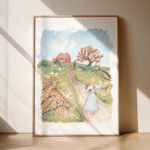 Chica de arte ingenuo Adiós a los padres I Pintura ingenua, Cartel de casa de campo, Idilio rural, Póster de ilustración ingenua