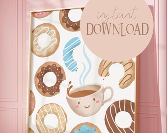Koffieposter met donuts, witte koffieposter, decoratie met koffiesnoepjes, keukenposter, kunst voor koffieliefhebbers, vintage koffie, koffiekunst