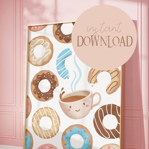Coffee Poster with Donuts White I Coffee Poster, Coffee Sweets Decoration, Kitchen Poster, Coffee Lover Art, Vintage Coffee, Coffee Art