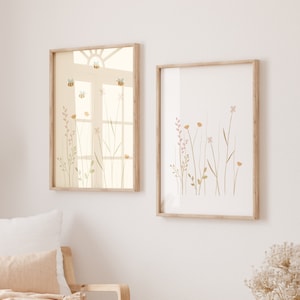 Cartel de pradera de flores pastel y abejas set marfil I salón, decoración estilo casa de campo, cartel de salón, cartel del mercado de flores, flores silvestres
