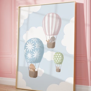 Hasen im Heißluftballon Poster I Wolken Poster, Ballonposter, Träume, Babyzimmer Ballonposter, Heißluftballonposter, Kinderzimmer Poster