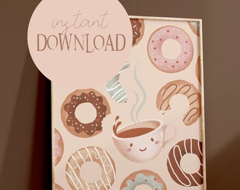 Coffee Poster with Donuts Beige I Coffee Poster, Coffee Sweets Decoration, Kitchen Poster, Coffee Lover Art, Vintage Coffee, Coffee Art