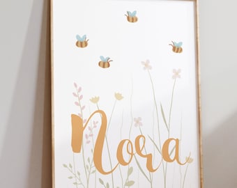 Namen Poster Biene personalisiert I  Poster mit Buchstaben und Tieren, Natur, Geschenkidee, Dekoration für Kinderzimmer, Digitale Wanddeko