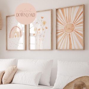Ruby Rainbow Aquarell Poster Set Gold Gelb I Regenbogen Poster, Sonne Poster, Blumen Poster, Kinderzimmer Poster, Kinderposter Download