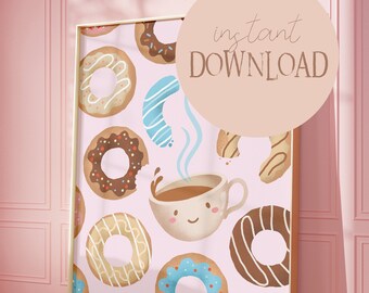Koffie poster met donuts roze I koffie poster, koffie snoep decoratie, keuken poster, koffie liefhebber kunst, vintage koffie, koffie kunst