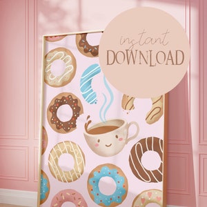 Coffee Poster with Donuts Pink I Coffee Poster, Coffee Sweets Decoration, Kitchen Poster, Coffee Lover Art, Vintage Coffee, Coffee Art