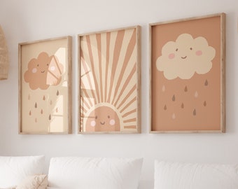 Sophie Sonnenschein Set Boho Beige I Sun poster, cloud poster, Montessori, neutral, pastel, clouds, children's poster with sun, wall decoration