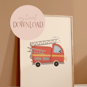 Fire engine poster beige I children's poster fire department, car poster, fire department wall decoration, baby room fire department decoration, fire department children's room