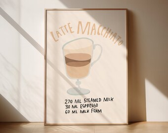 Latte Macchiato koffie poster I koffie poster, keuken poster, kunst aan de muur koffie, koffie kunst, café decor, keuken kunst, café poster