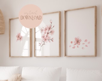 Watercolor Cherry Blossom Poster Set White I Flower Pictures, Botanical Art, Floral Art, Japandi Murals, Cherry Blossom Art, Floral Wall Art