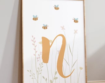 Letter poster bee personalized I Poster with letters, nature, gift idea, decoration for children's room, flower wall decoration