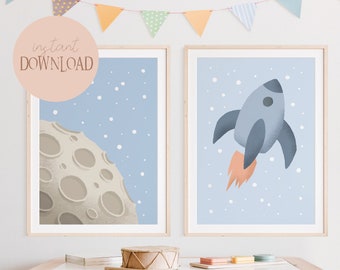 Moon and Rudi Rocket Poster Set I Children's Room, Rocket, Galaxy Poster, Shuttle Poster, UFO Poster, Moon Poster, Star Poster, Astronaut