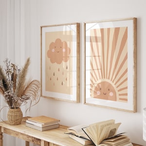 Sophie Sonnenschein 2er Set Boho Beige I Sonnenposter, Wolkenposter, Montessori, neutral, Pastell, Wolken, Kinderposter mit Sonne, Wanddeko