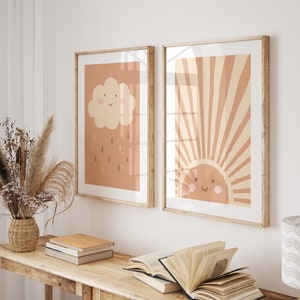 Sophie Sonnenschein 2er Set Boho Beige I Sonnenposter, Wolkenposter, Montessori, neutral, Pastell, Wolken, Kinderposter mit Sonne, Wanddeko