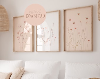 Set di poster con fiori di campo, rosa antico, fiori di campo, decorazioni da parete, poster per soggiorno, api, fiori, poster con fiori di campo, poster con fiori di campo