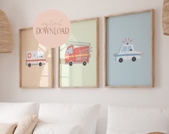 Police Fire Department Ambulance Poster Set I Children's Room, Car Poster, Rescue Service, Fire Department Poster, Police Poster, Rescue Vehicles