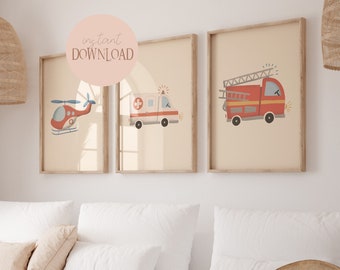 Rescue Team Set Beige Helicopter, Fire Engine, Ambulance, Rescue Service, Game, Decoration, Boy, Printable, Nursery Poster,