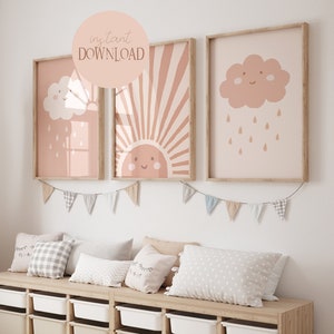 Sophie Sonnenschein Set Boho Altrosa I Sonnenposter, Wolkenposter, neutral, Pastell, Mädchen Poster, Kinderposter mit Sonne, Sonnen Wanddeko