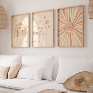 Rob Rainbow Aquarell Poster Set Beige/Braun I Regenbogen Poster, Sonne Poster, Blumen Poster, Kinderzimmer, Wohnzimmer, Pastell, Erdtöne