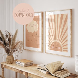 Sophie Sonnenschein Set de 2 Boho Beige I Póster Sol, Póster Nube, Neutro, Pastel, Póster Marrón, Póster Infantil Sol, Decoración Pared Sol
