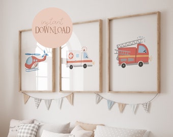 Rescue team set helicopter, fire brigade, ambulance, rescue service, boys decoration, children's room poster, fire brigade poster, car poster boy
