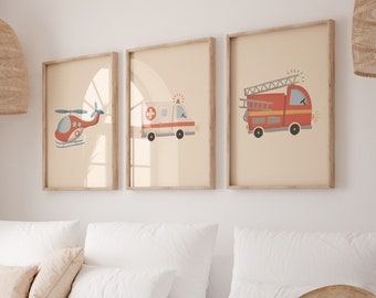 Rescue team set beige helicopter, fire department, ambulance, rescue service, car decoration, fire department poster, car poster, children's room poster