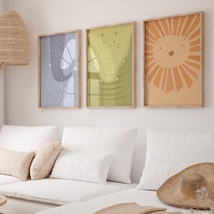 Póster Safari Set I Safari, Selva, Habitación Infantil, Decoración Salón, Póster Infantil, León, Cocodrilo, Elefante, Descargar, Mural,