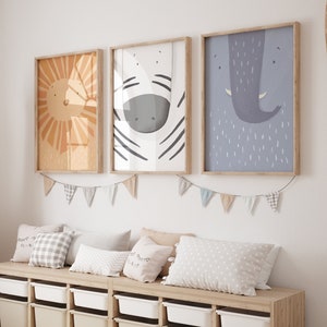 Póster Safari Set I Safari, Selva, Habitación Infantil, Decoración Salón, Póster Infantil, León, Cebra, Elefante, Mural, Póster Safari