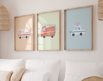 Police Fire Department Ambulance Poster Set I Children's Room, Car Poster, Rescue Service, Fire Department Poster, Police Poster, Rescue Vehicles