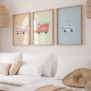 Police Fire Department Ambulance Poster Set I Children's Room, Car Poster, Rescue Service, Fire Department Poster, Police Poster, Rescue Vehicles image 1