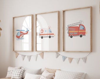 Rescue team set fire department, helicopter, ambulance, rescue service, boys decoration, children's room poster, fire department poster, car poster