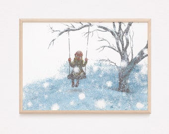 Girl swings in the snow I Pastel, winter landscape poster, sentimental, emotional, mural, atmospheric, snow poster decoration