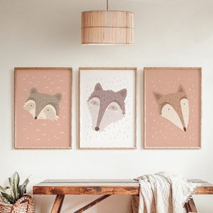 Animales del bosque Wilko Lobo, Fiete Zorro, Wido Mapache Set de carteles Rojo Marrón I Póster infantil Lobo, Póster infantil Zorro, Póster infantil Mapache