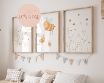 Bella Bee and Flowers Poster Set White I Bee Poster, Wall Decor, Children's Room Poster with Bees, Pastel Wall Picture, Wall Decoration with Flowers