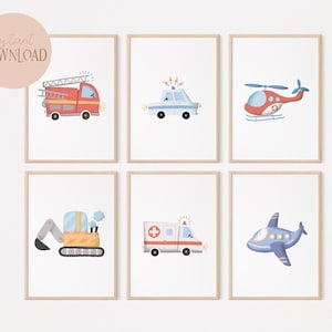 Polizei Feuerwehr Bagger Hubschrauber Krankenwagen Flugzeug 6 Poster Set I Kinderzimmer Autoposter Jungen, Autodeko, Kinderposter Fahrzeuge