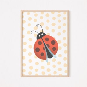 May include: A red and black ladybug with white spots on a yellow background with white polka dots.