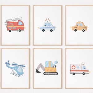 Policía, Bomberos, Excavadora, Ambulancia, Taxi, Helicóptero, Juego de 6 Pósters I Habitación Infantil, Póster de Coche, Decoración de Coche, Póster Infantil, Vehículos